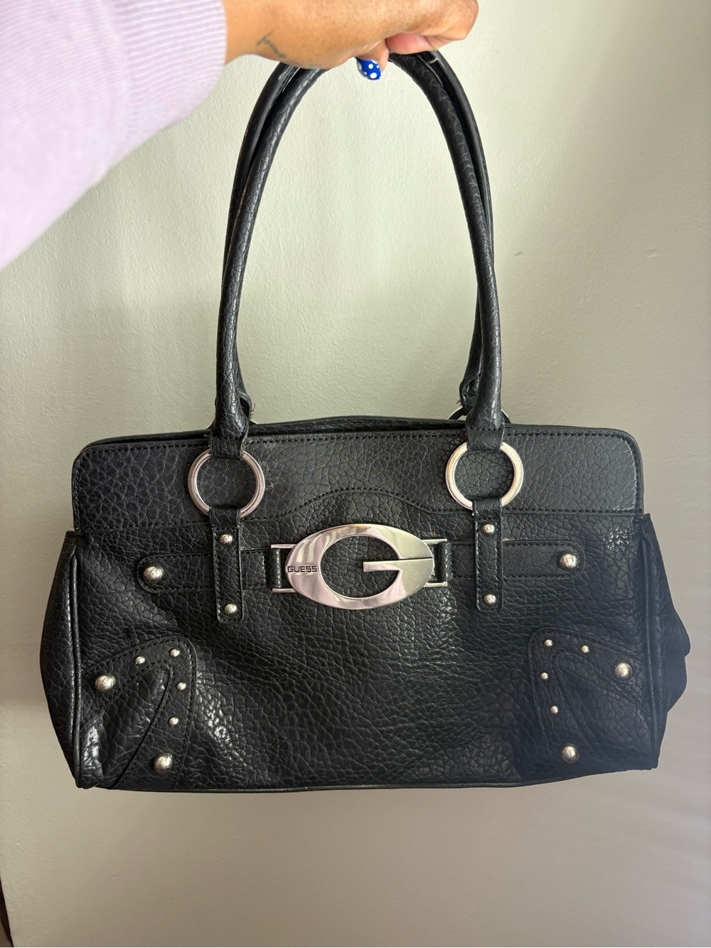 GUESS Black Pebbled Leather Shoulder Bag with Silver Hardware